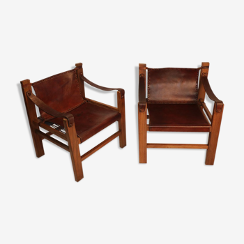 Pair of vintage Safari armchairs in stretched leather and 1950 wood