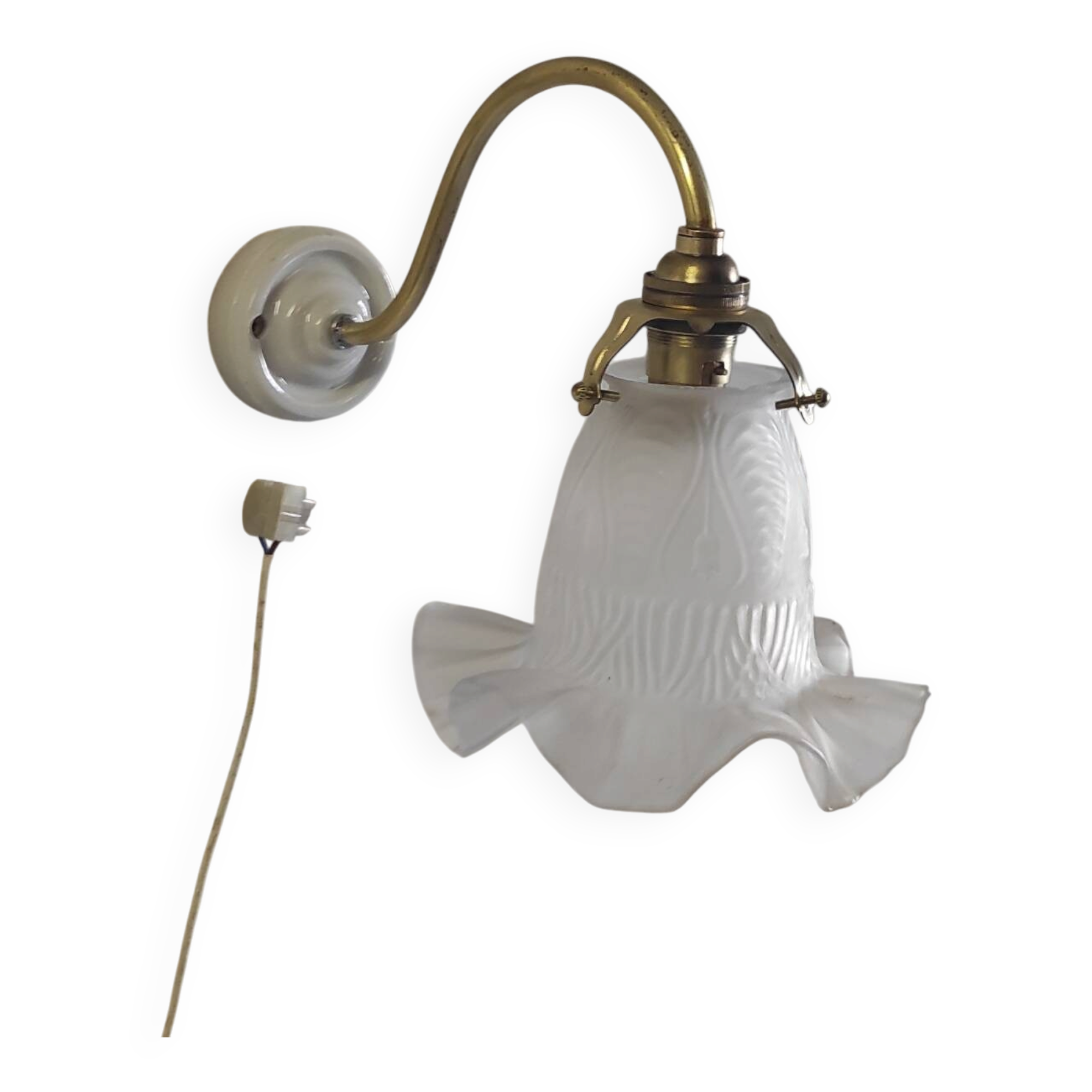 Swan neck wall light in brass, porcelain and glass - mid 20th century