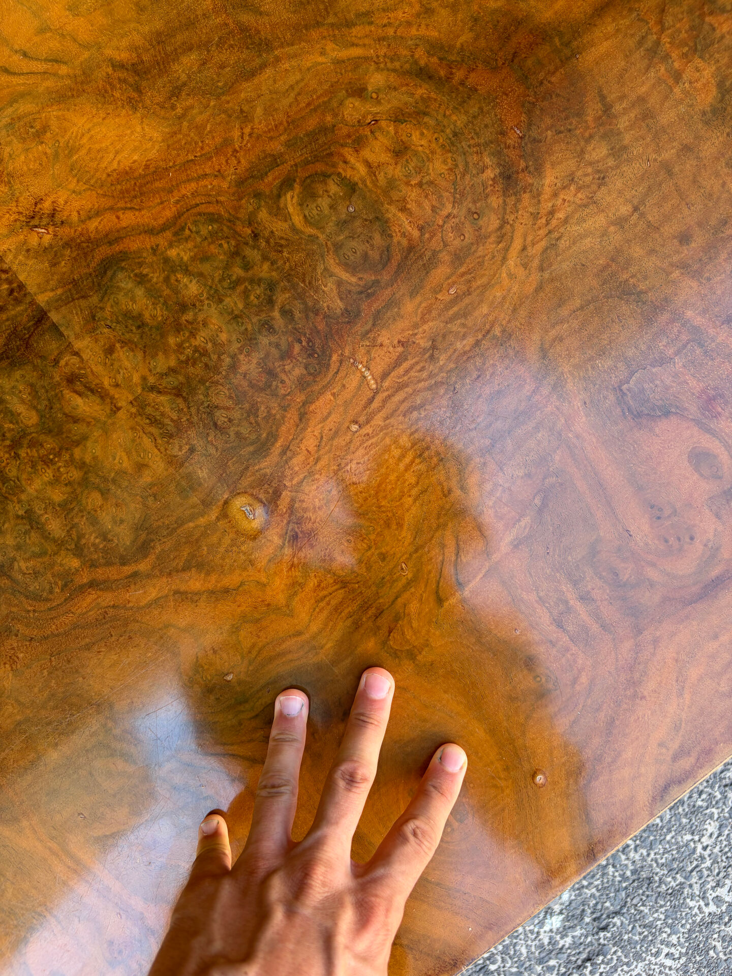 Elm burl coffee table and brass 70s Roche Bobois