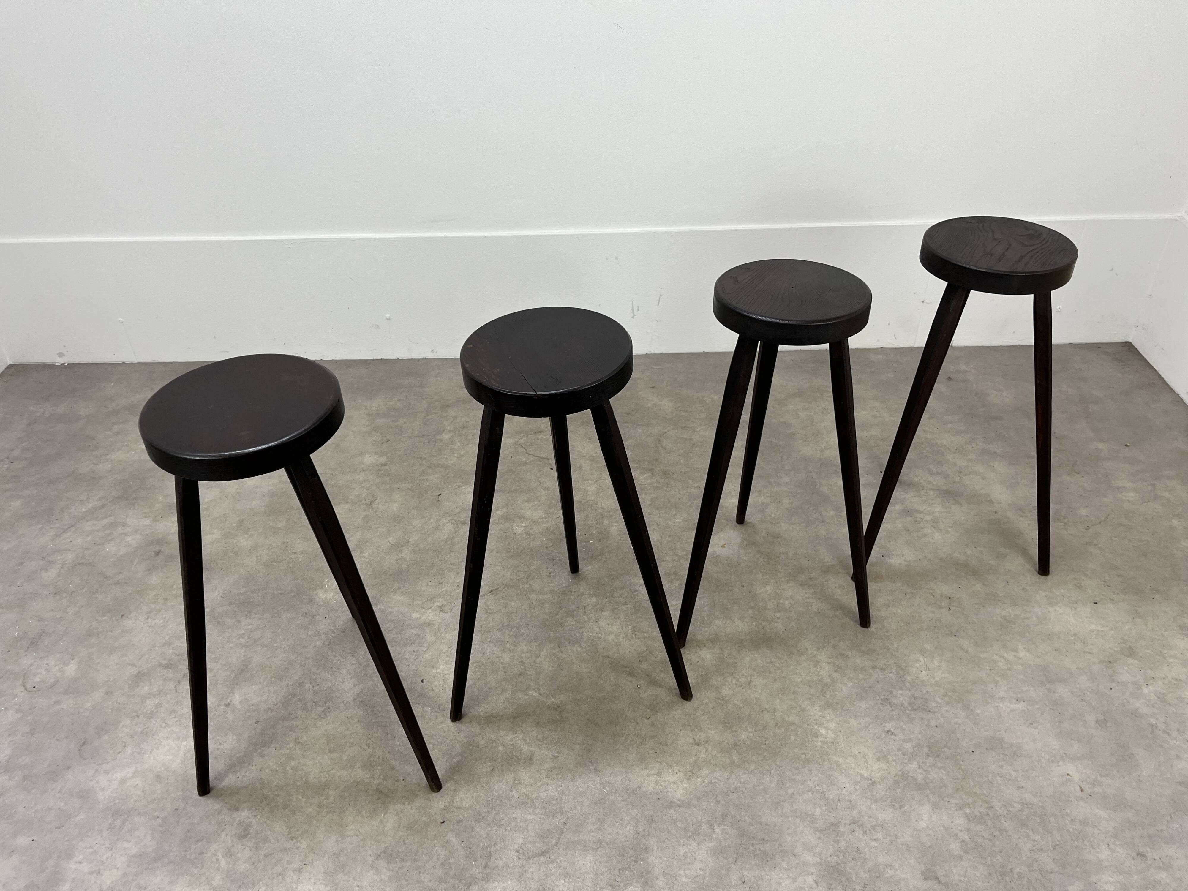 4 brutalist tripod bar stools, solid wood, 1950s