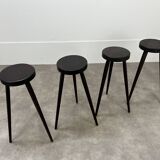 4 brutalist tripod bar stools, solid wood, 1950s