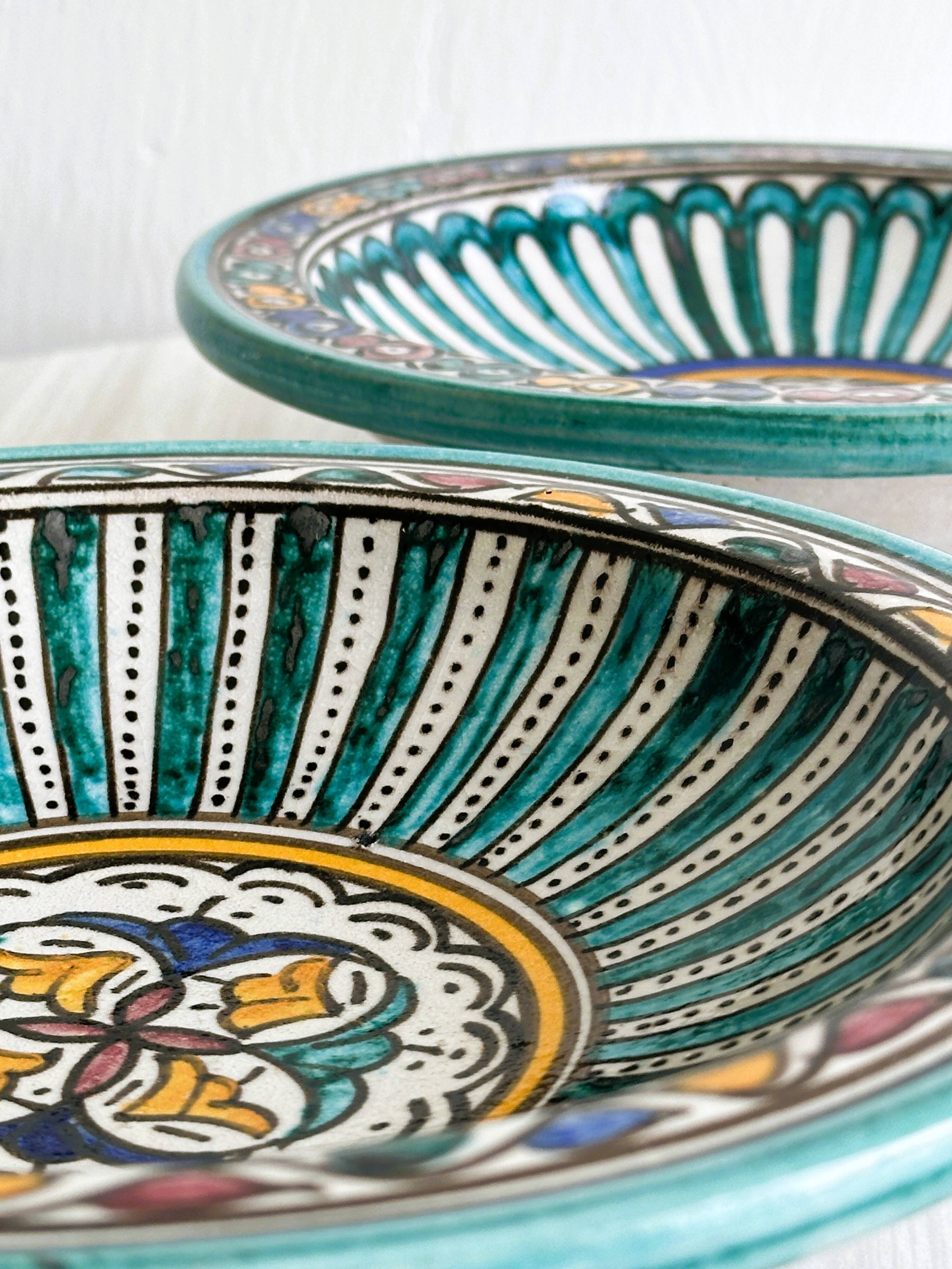 2 antique handmade ceramic dishes, colorful plates