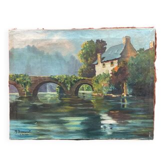 Huile sur toile, Moulin sur rivière Bretagne - signé M Bonnardet 1947