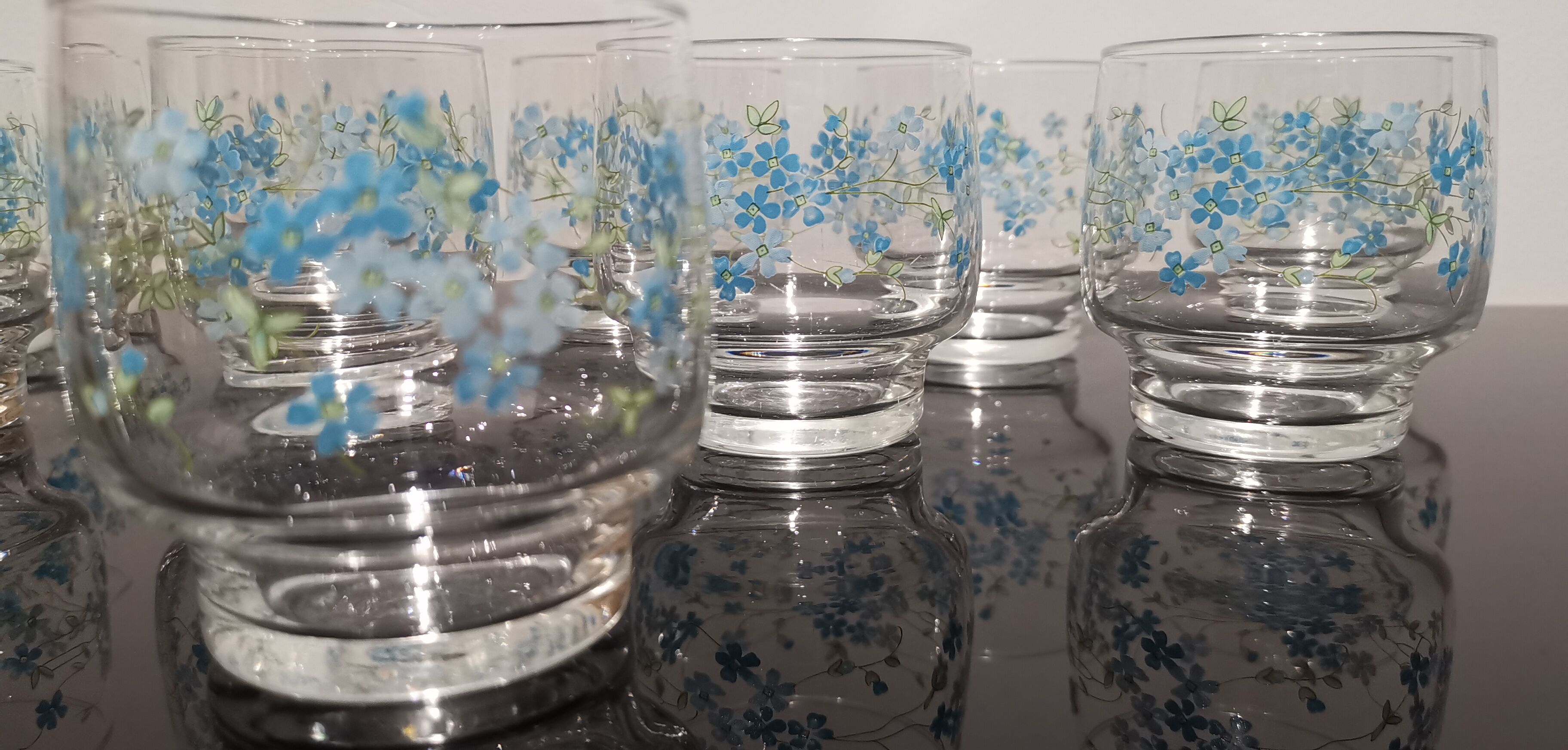 Set of 10 water glasses Veronica Luminarc Arcoroc decoration small blue flowers 80's