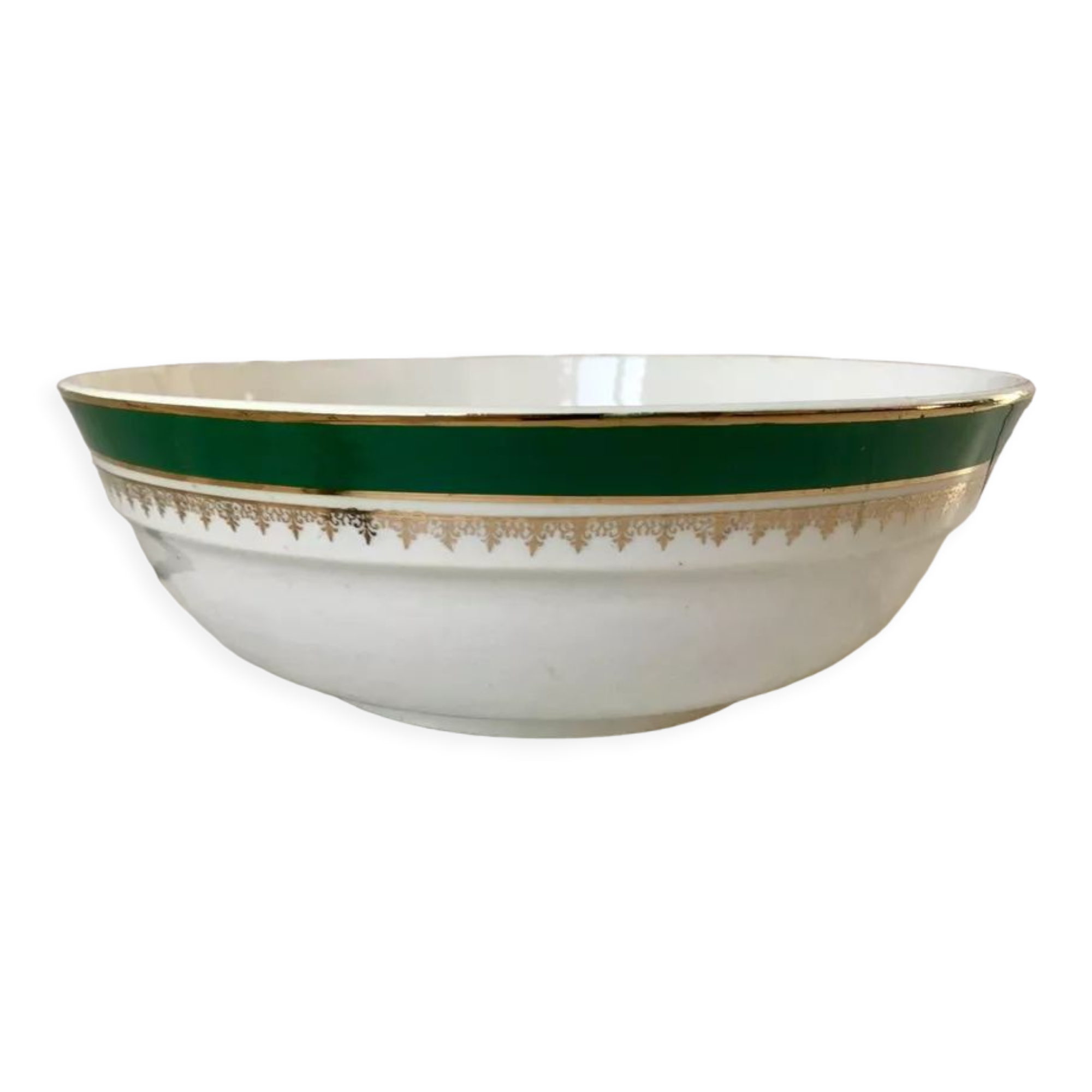 salad bowl Digoin Sarreguemines model "Martine" green and golden 50s