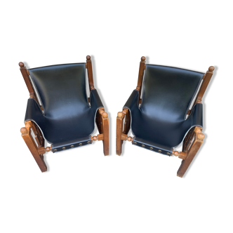 Pair of vintage armchair in oak and skaï black thick Spanish design 50's