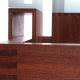 French Brutalist Design coffee table of teak with glass top, 1970