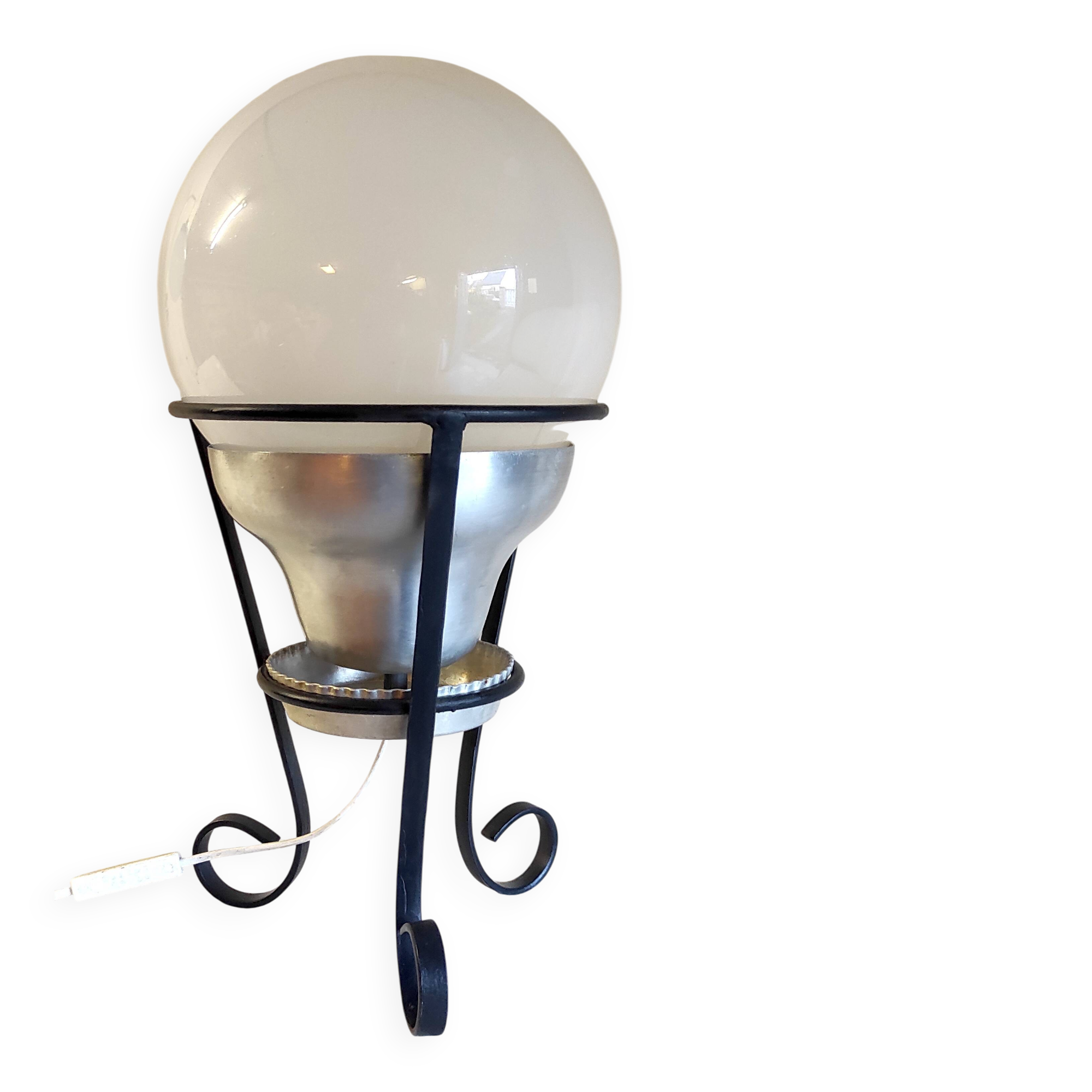 Tripod table lamp in metal, aluminum and blown glass - mid-20th century