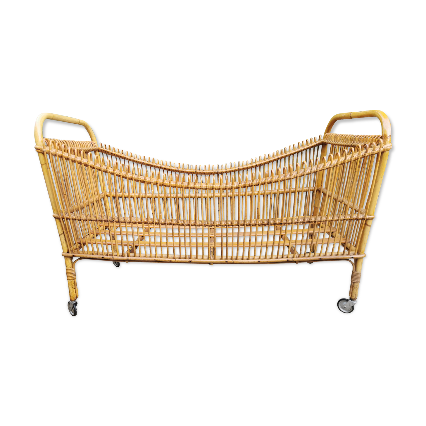 Rattan crib on wheels, 50s/60s