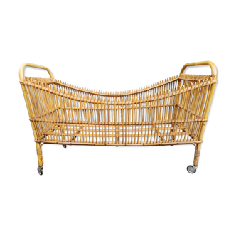 Rattan crib on wheels, 50s/60s
