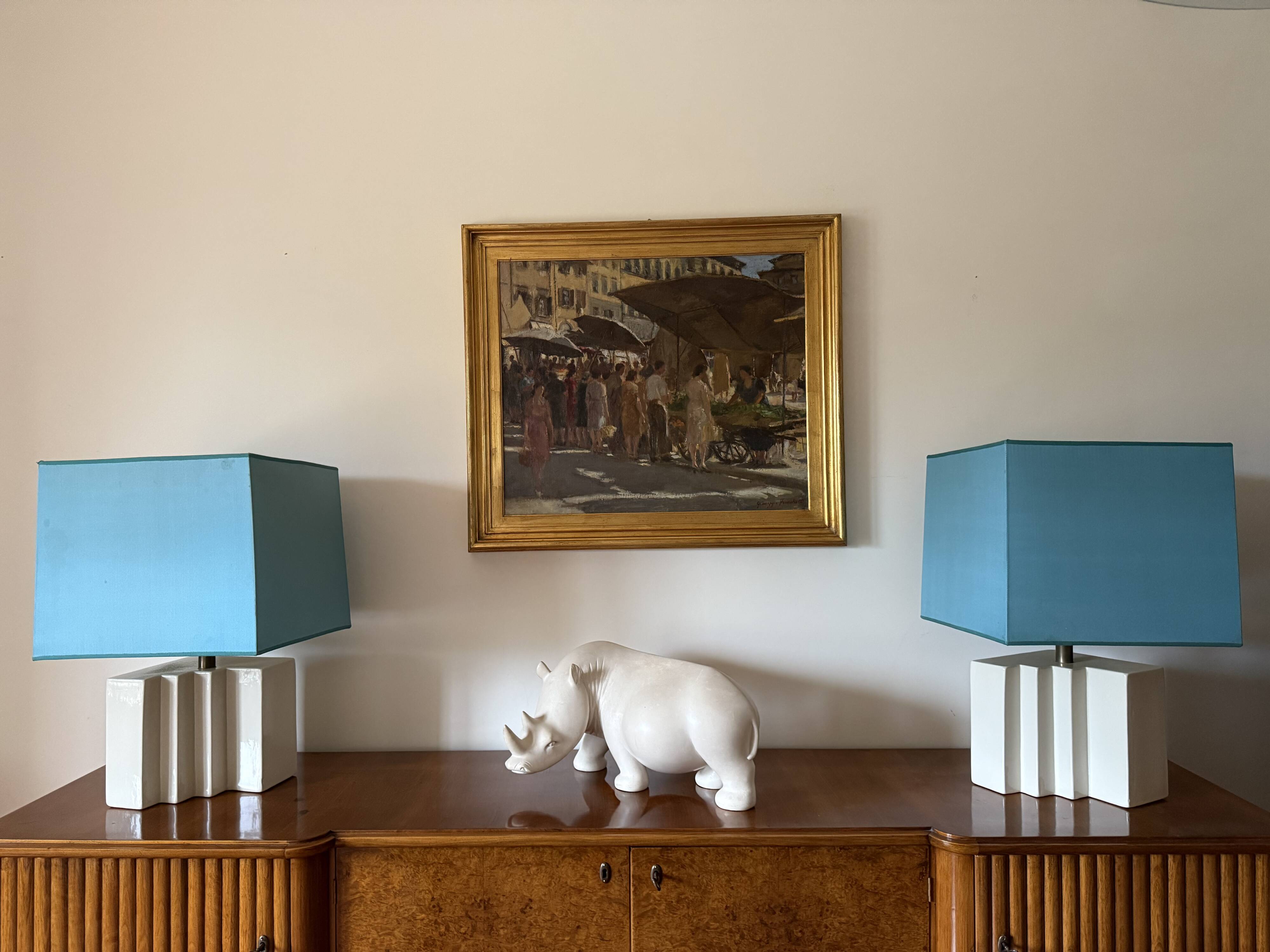 Hollywood regency set of 2 ceramic table Lamps, France 1970s