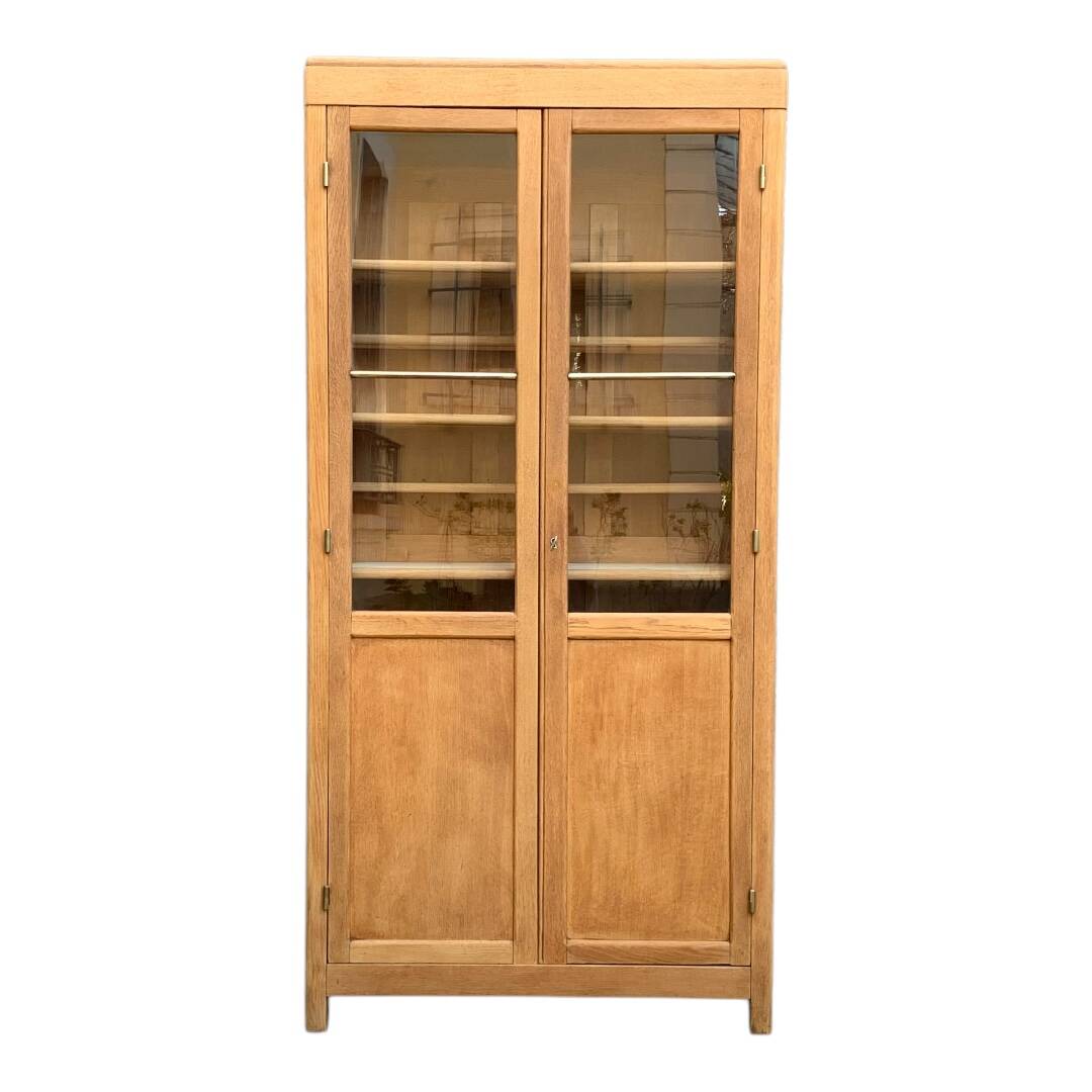 Parisian glass cabinet in solid raw oak, 1950