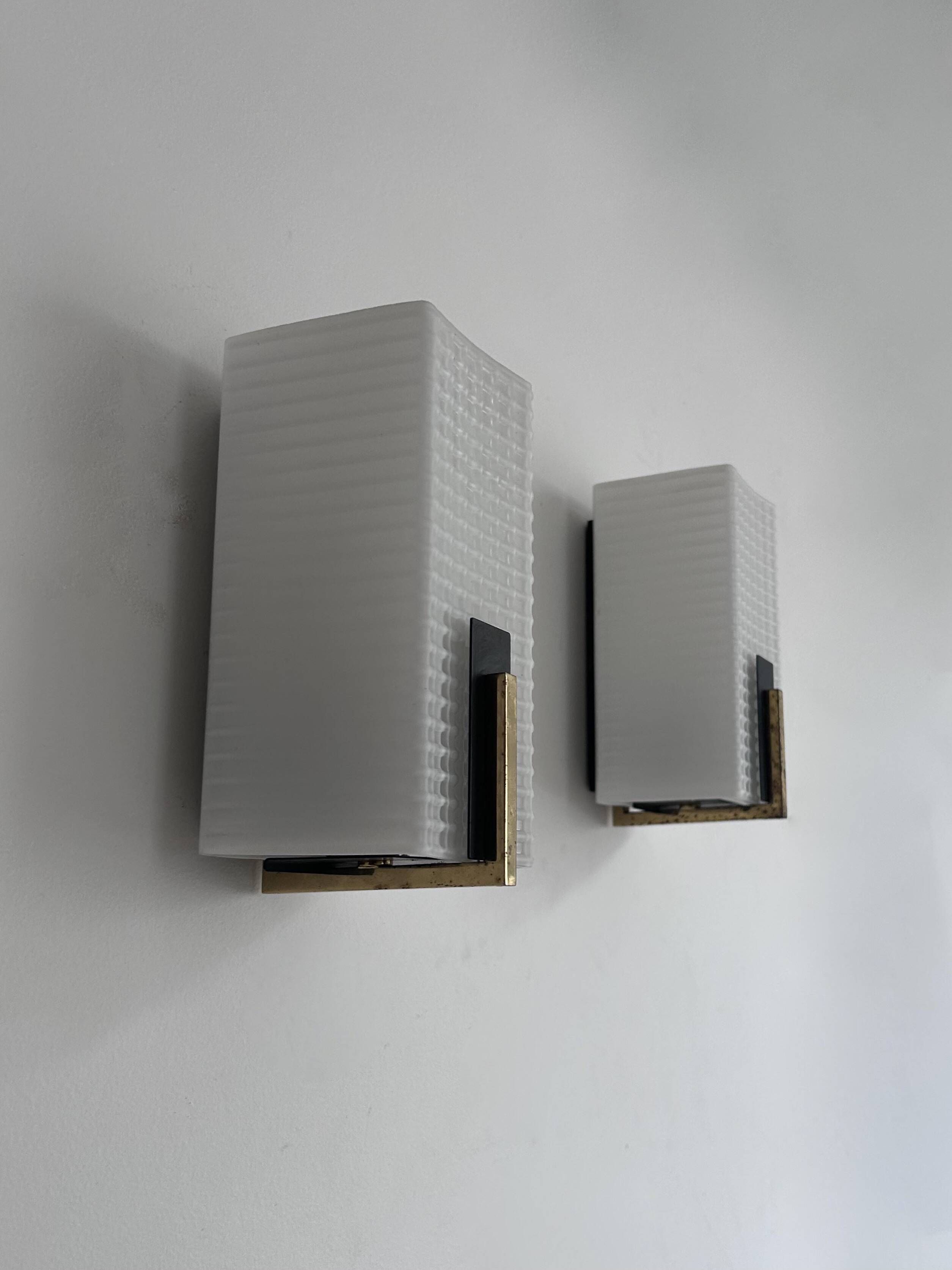 Pair of vintage wall lights, brass and opaline, France 1960