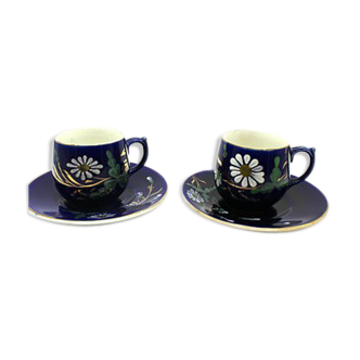 2 Enamelled coffee cups Digoin Sarreguemines with sub cups