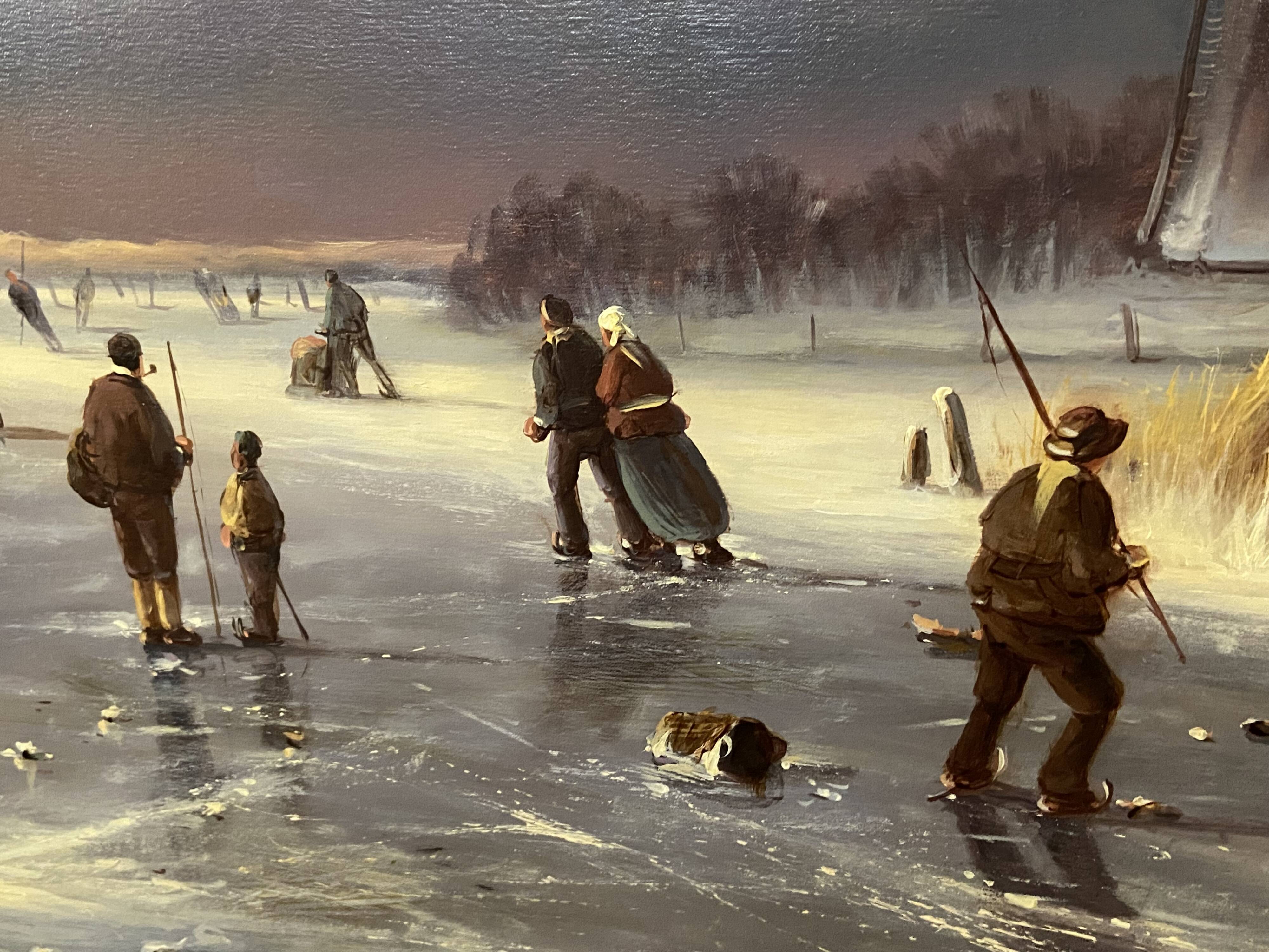 Huge oil painting on canvas Dutch school winter landscape 164x132
