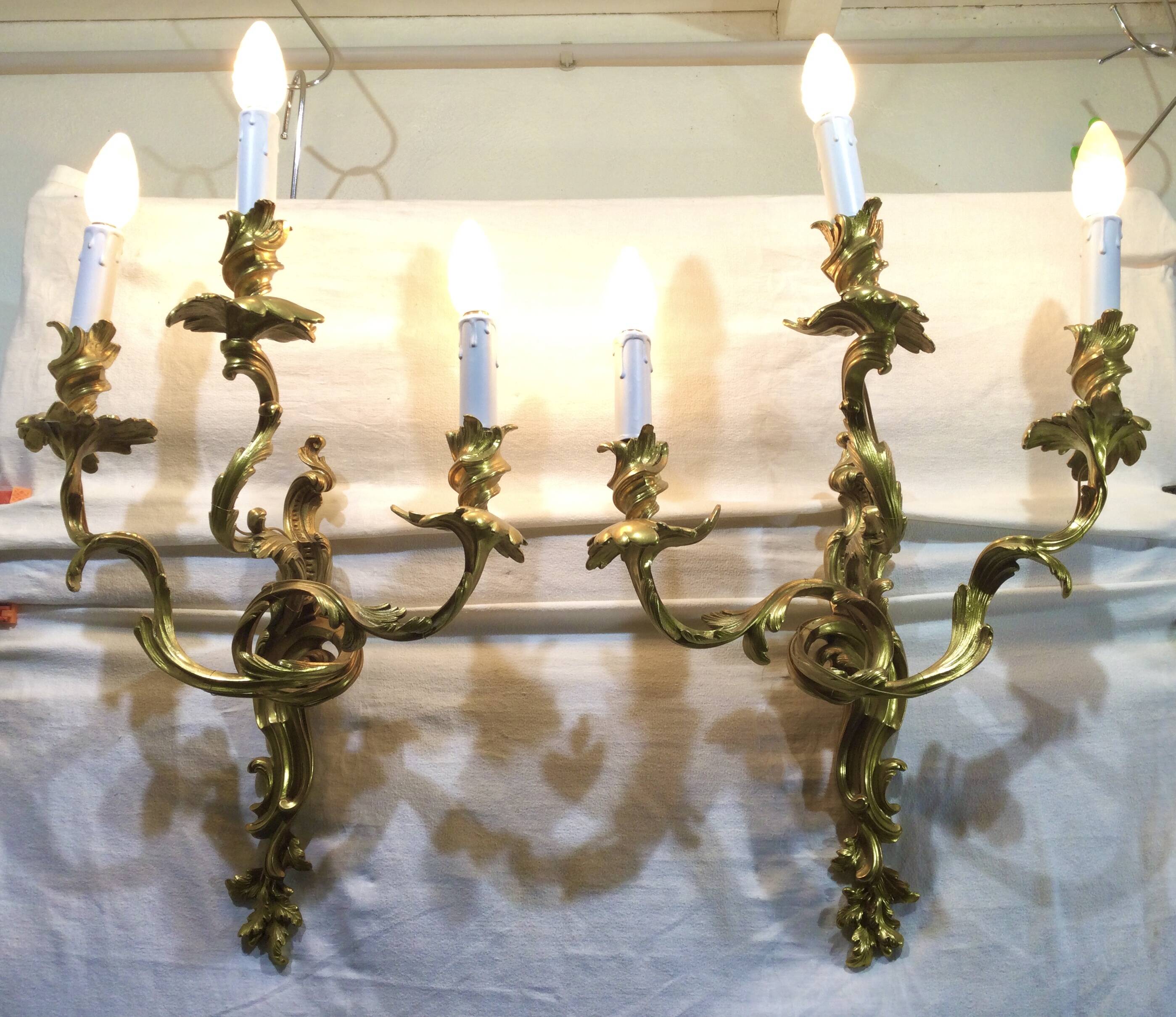 Pair of sconces Bronze 3 lights Louis XV