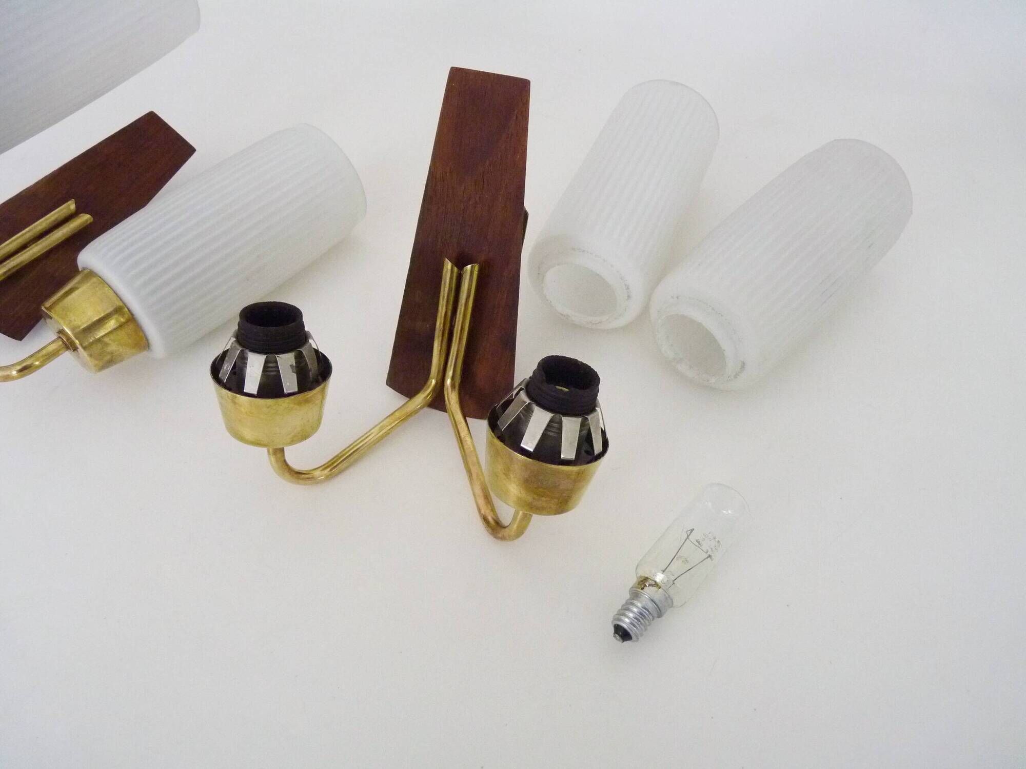 Pair of Scandinavian wall sconces in teak, brass and opaline glass globe