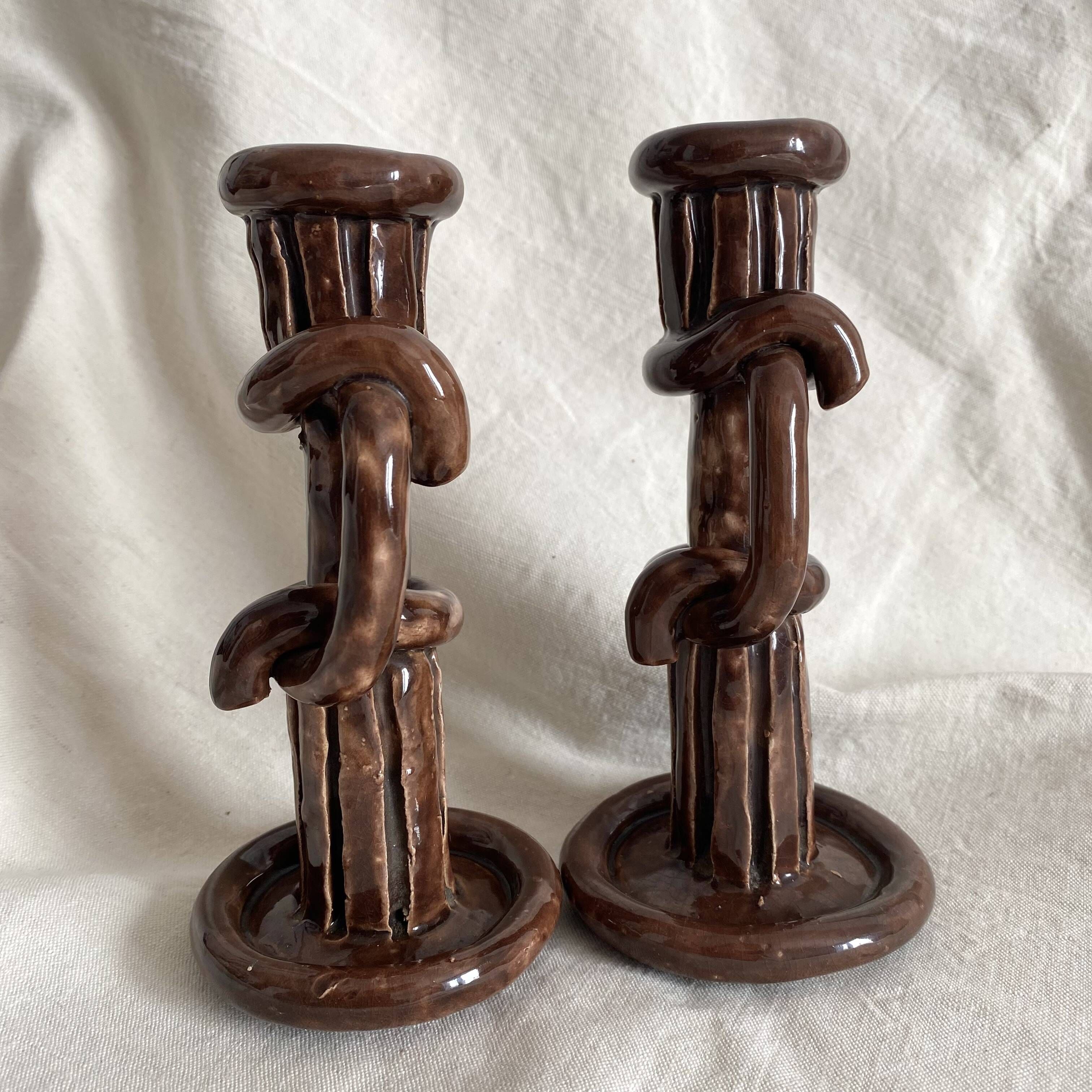 Pair of column candle holders in handmade ceramic