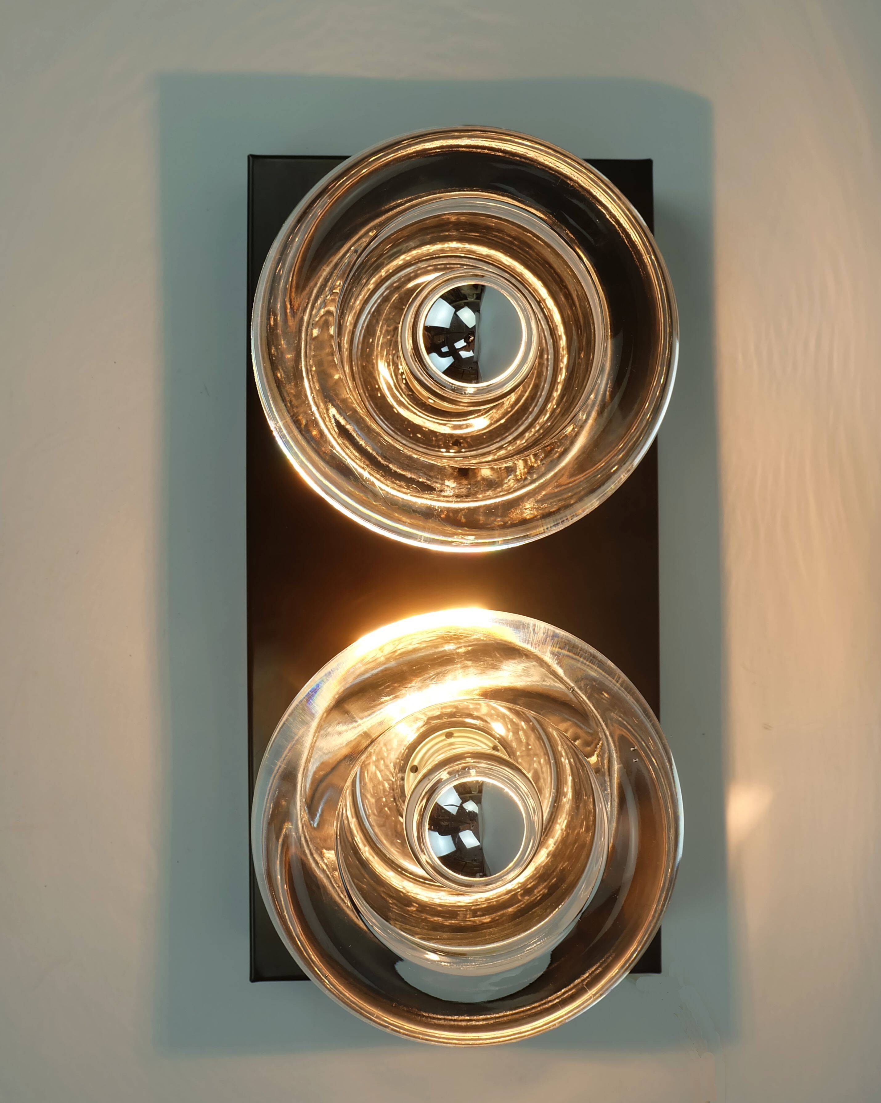 1960s 70s space age sconce by cosack-leuchten 2 thick glass shades and meta