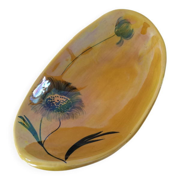 Coupe navette vintage signée Socram – décor floral stylisé, caramel irisé