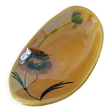 Coupe navette vintage signée Socram – décor floral stylisé, caramel irisé