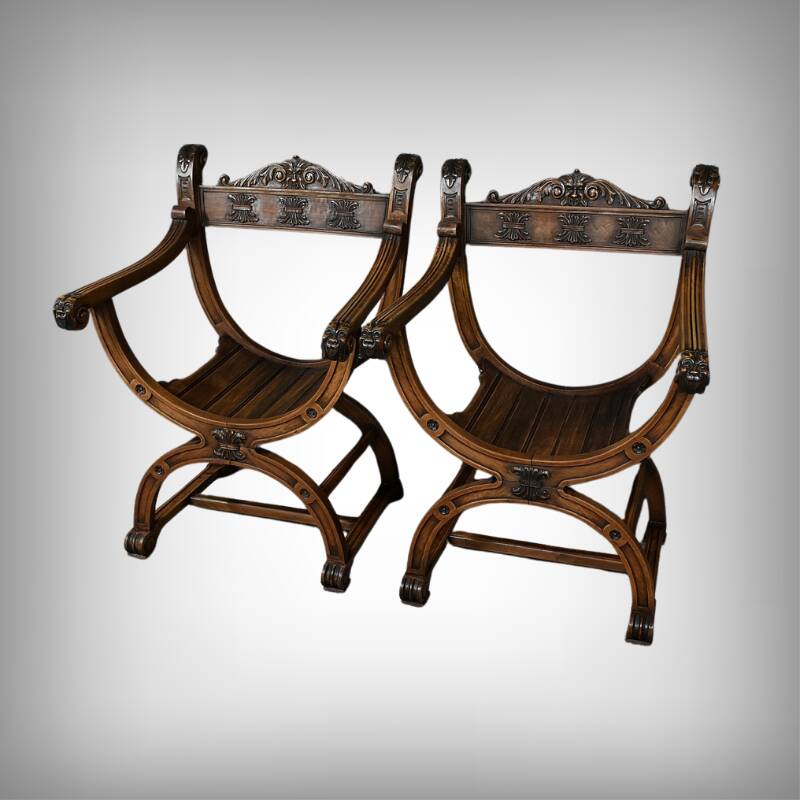 Pair of Dagobert walnut armchairs, medieval style – late 19th century