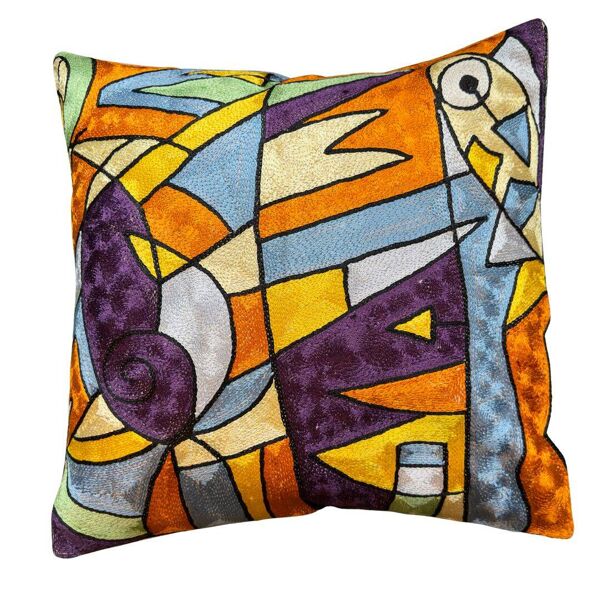 Housse de coussin brodée main en soie, motif géométrique abstrait