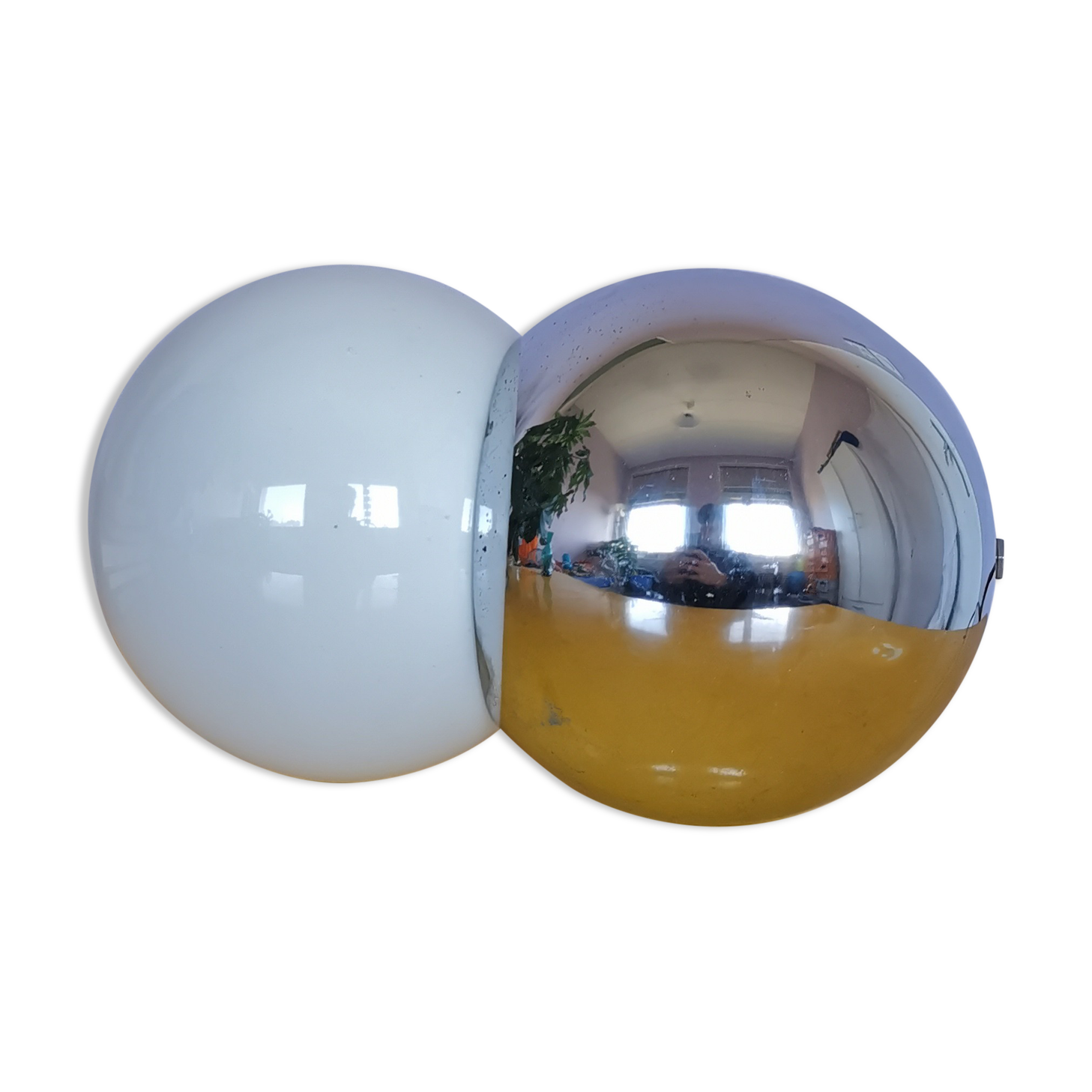 Lamp molecule, two balls, globe in opaline and stainless steel, 1970