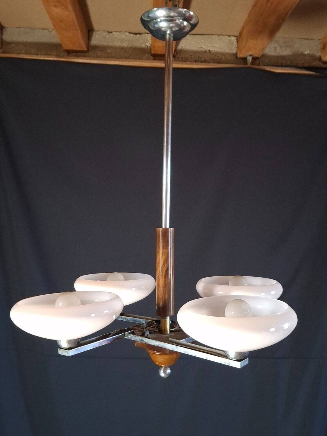 Lustre Art déco années 50 – chrome & opaline rose