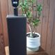 Tall cubic brown leather lamp, light gray fabric lampshade