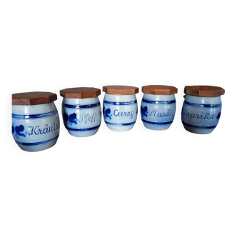 Series of 5 spice jars in Alsace pottery and wooden lid