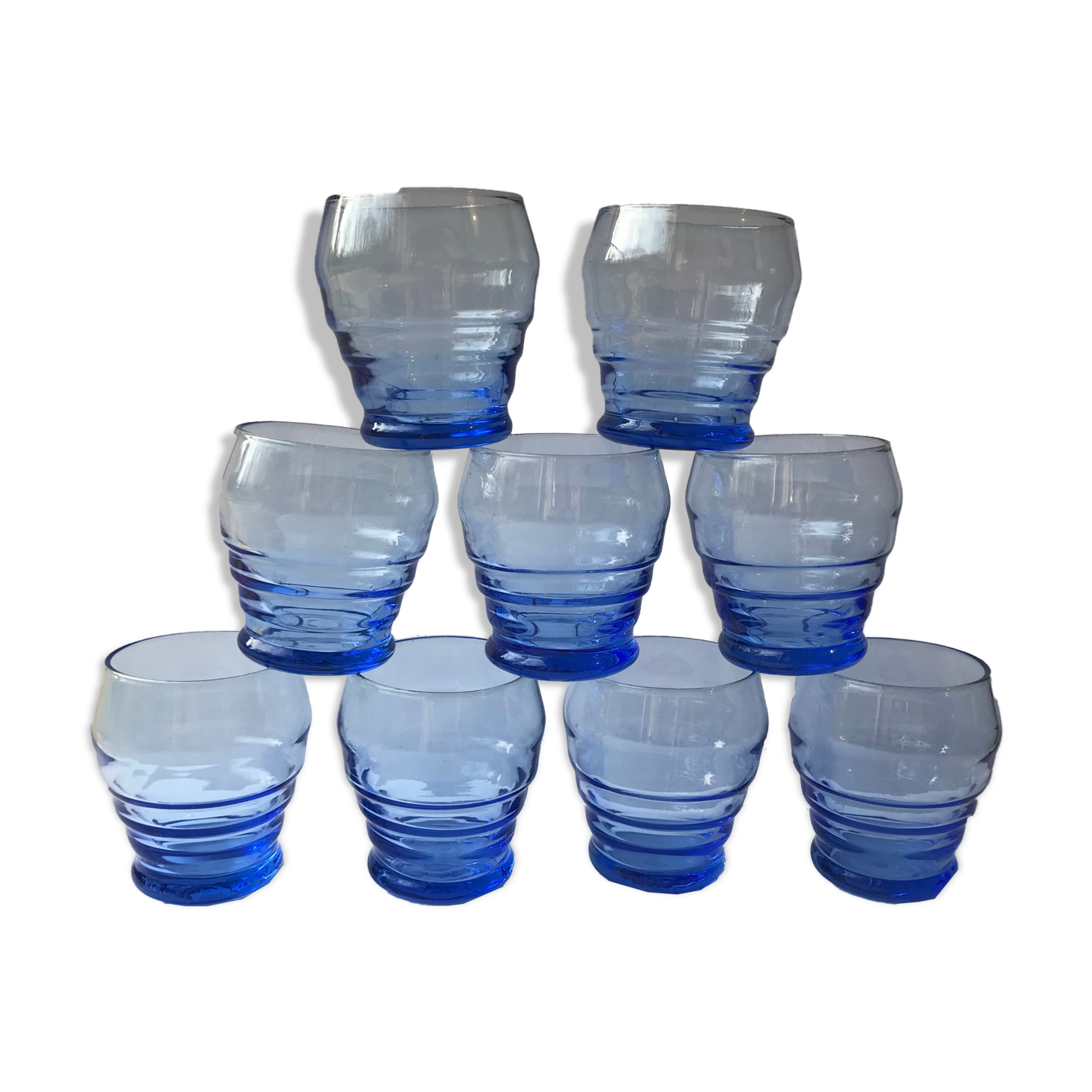 9 old blue glass liquor glasses