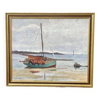 Huile sur carton de Robert Leparmentier (1893-1975) - Bateau sur la grève