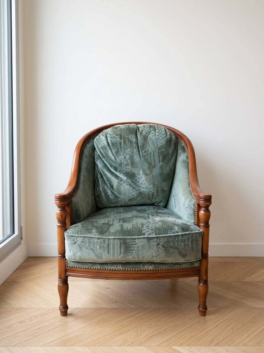 Antique bergère armchair in wood and green velvet