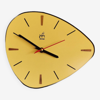 Vintage Formica clock silent asymmetrical wall pendulum "Yellow Japy"