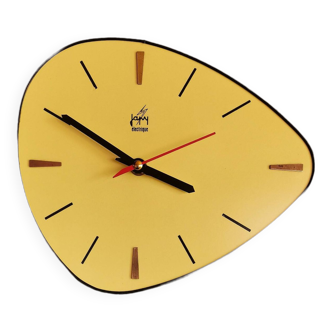 Vintage Formica clock silent asymmetrical wall pendulum "Yellow Japy"