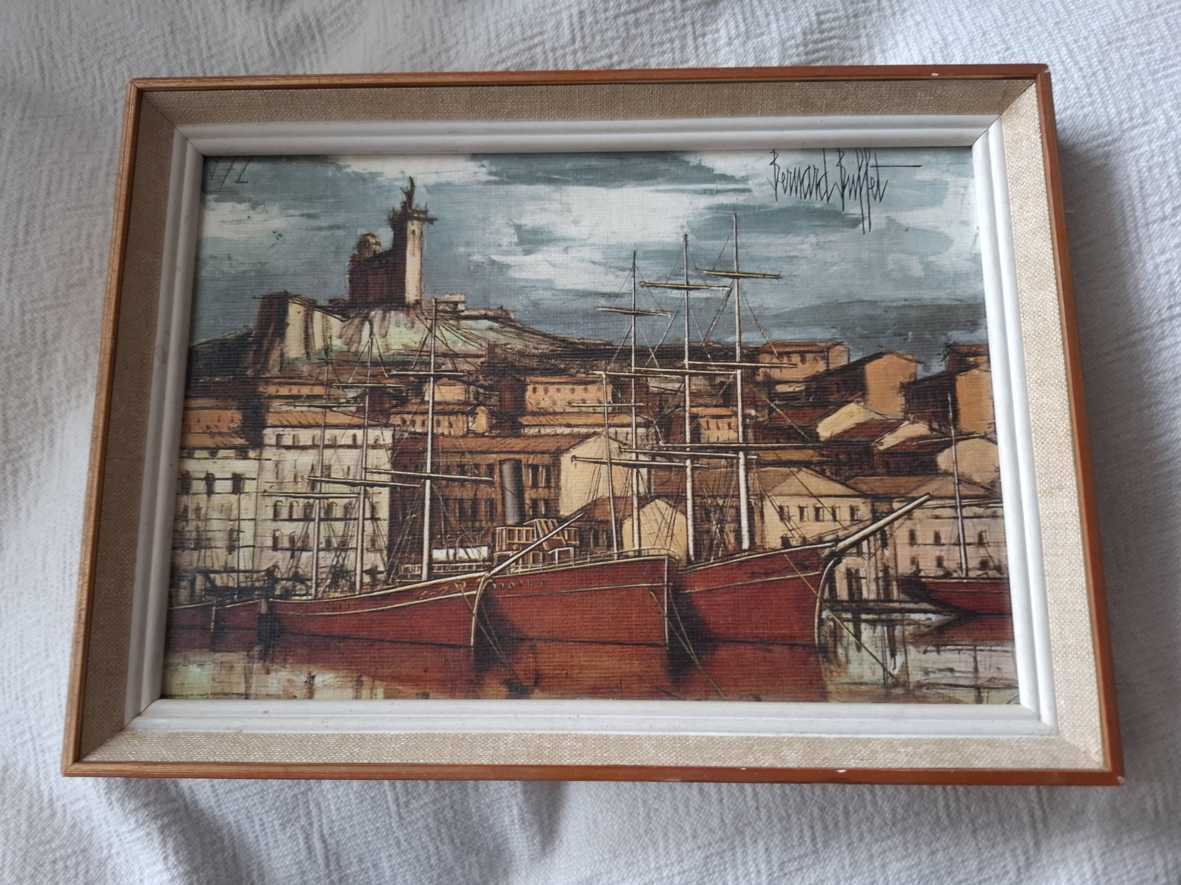 Tableau bernard buffet , marseille , bateaux dans le vieux port , edition braun