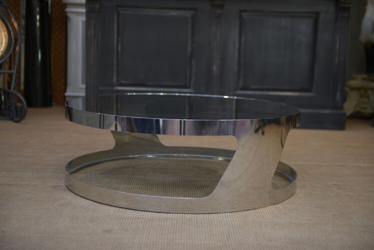 Coffee table design in chromed metal and smoked glass 1970