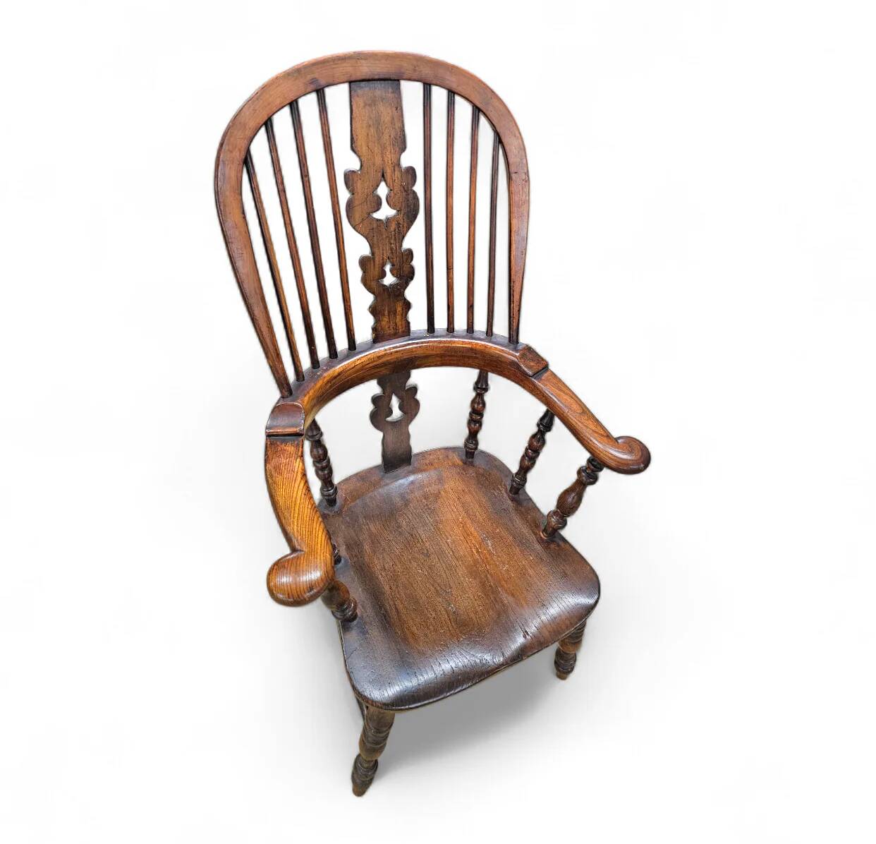 Wide arm arch back antique Windsor chair / Ash Elm rustic farmhouse Yorkshire Windsor chair / 19th century