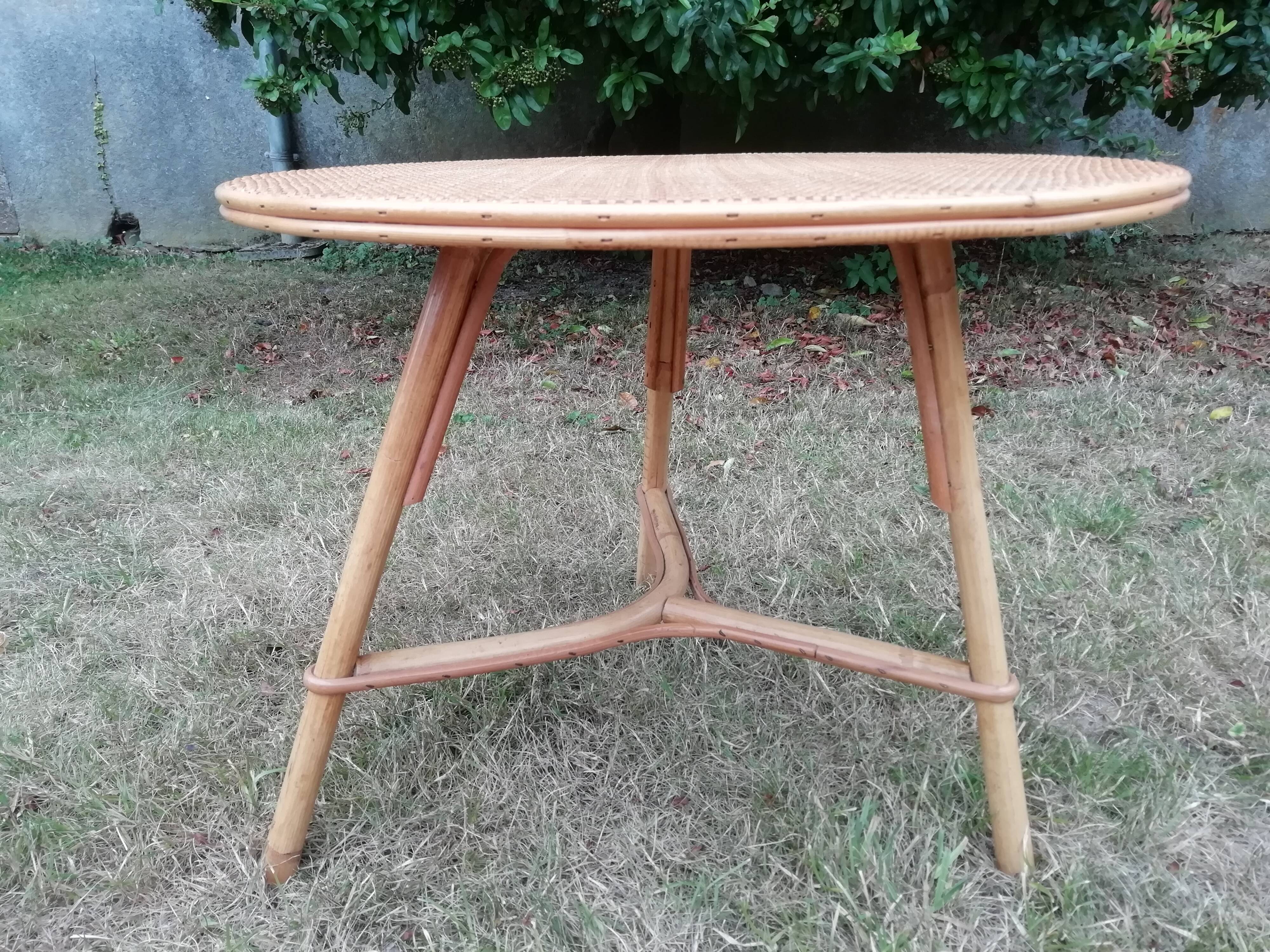 Vintage round rattan tripod coffee table