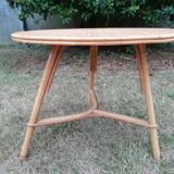 Table basse rotin ronde trépied vintage