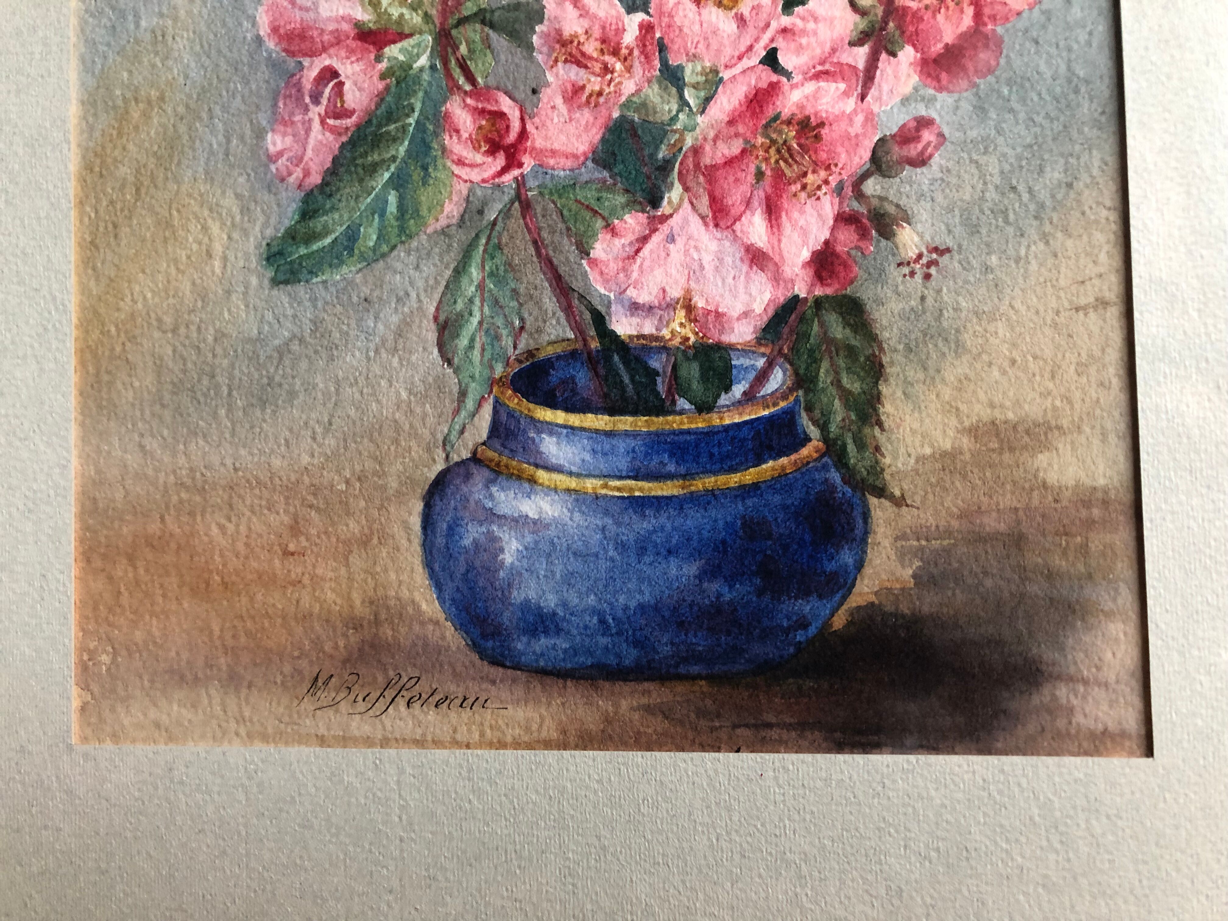 Watercolor painting m. buffeteau bouquet flowers signed & frame gilded wood vintage