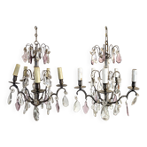 Pair of 6-light chandeliers with polychrome pendants.