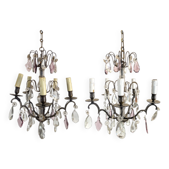 Pair of 6-light chandeliers with polychrome pendants.