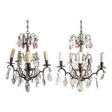 Pair of 6-light chandeliers with polychrome pendants.