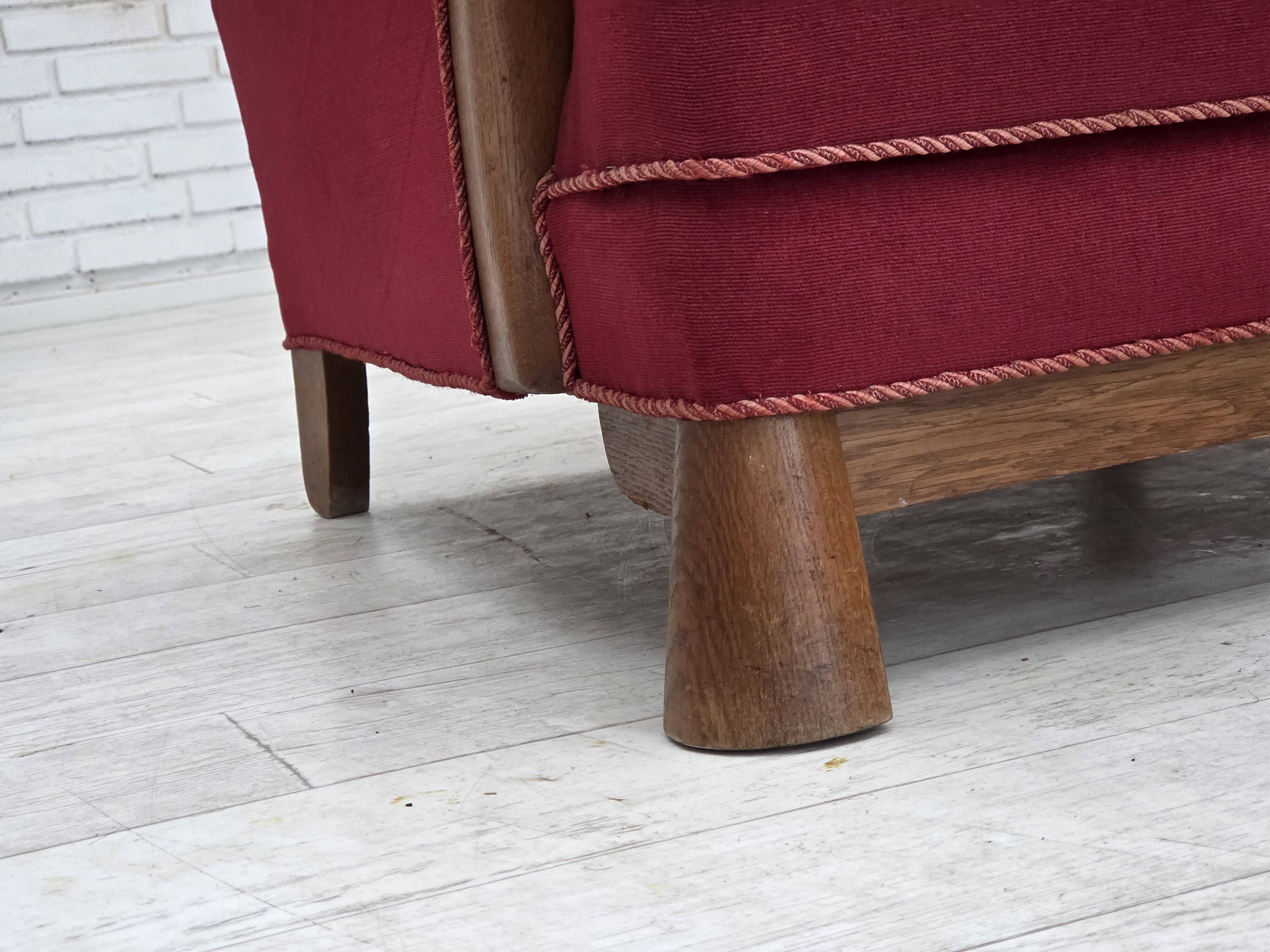 1960s, Danish armchair, red furniture velour, oak wood.
