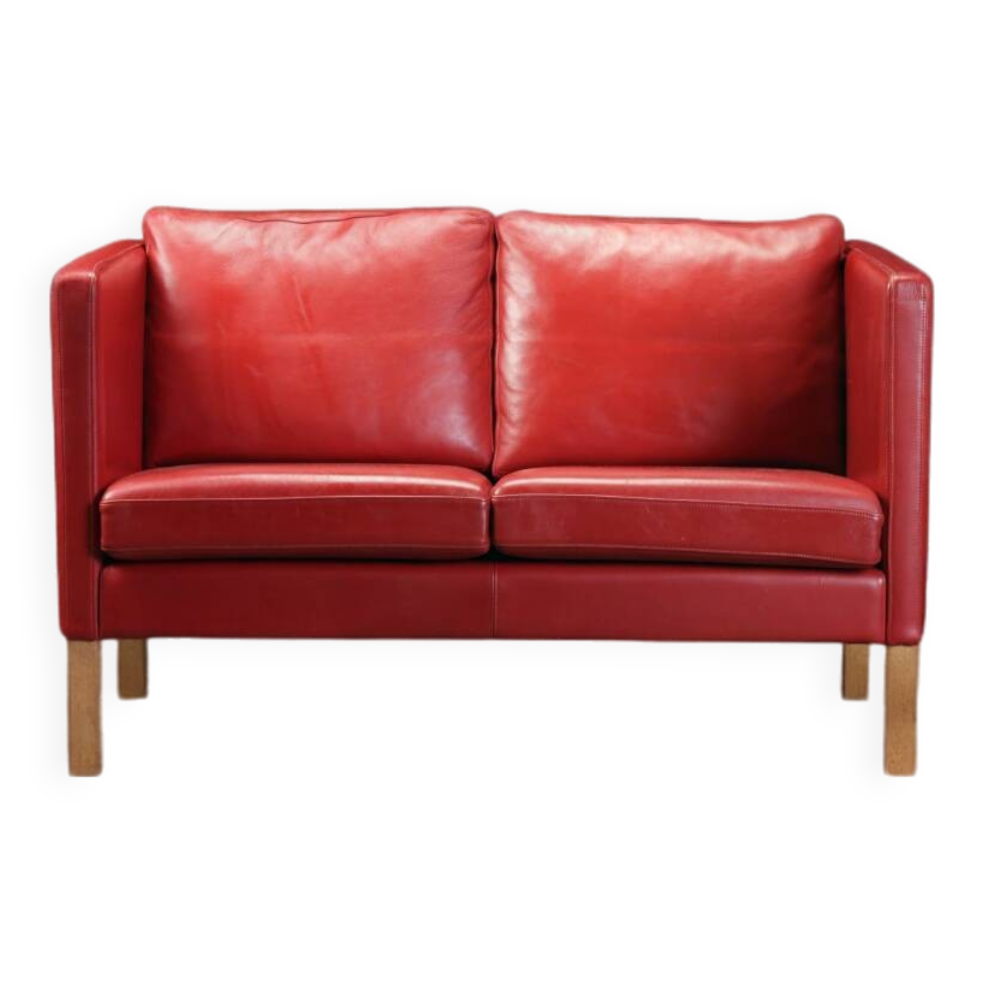 2 seater red leather sofa, Vintage Scandinavian 1960s
