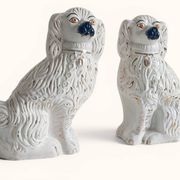 Pair of King Charles Spaniel dogs in Staffordshire majolica style.