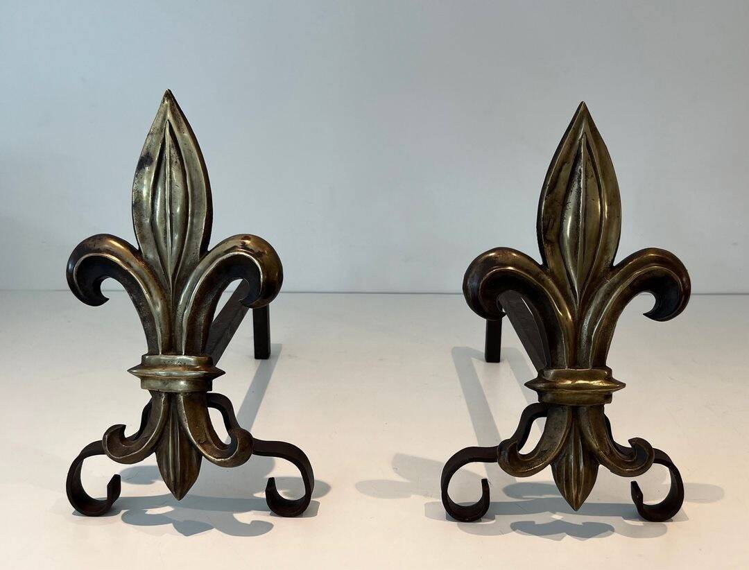 Pair of Bronze and Wrought Iron Chenets with Fleur-de-Lys Supports. France.
