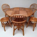 Bamboo table with extensions, 3 chairs and 3 stools from the 60s